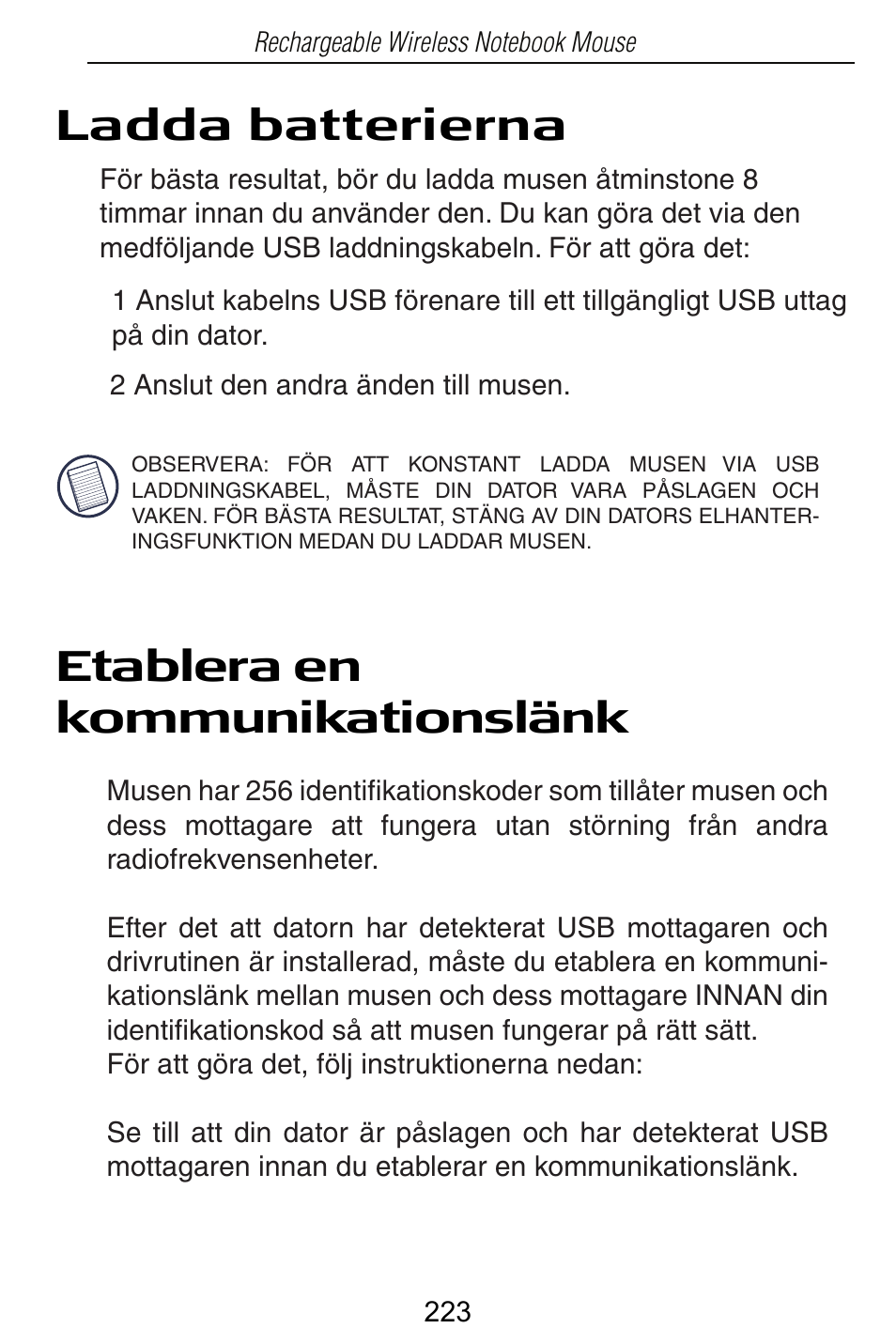 Ladda batterierna etablera en kommunikationslänk | Targus Rechargeable Wireless Notebook Mouse User Manual | Page 223 / 259