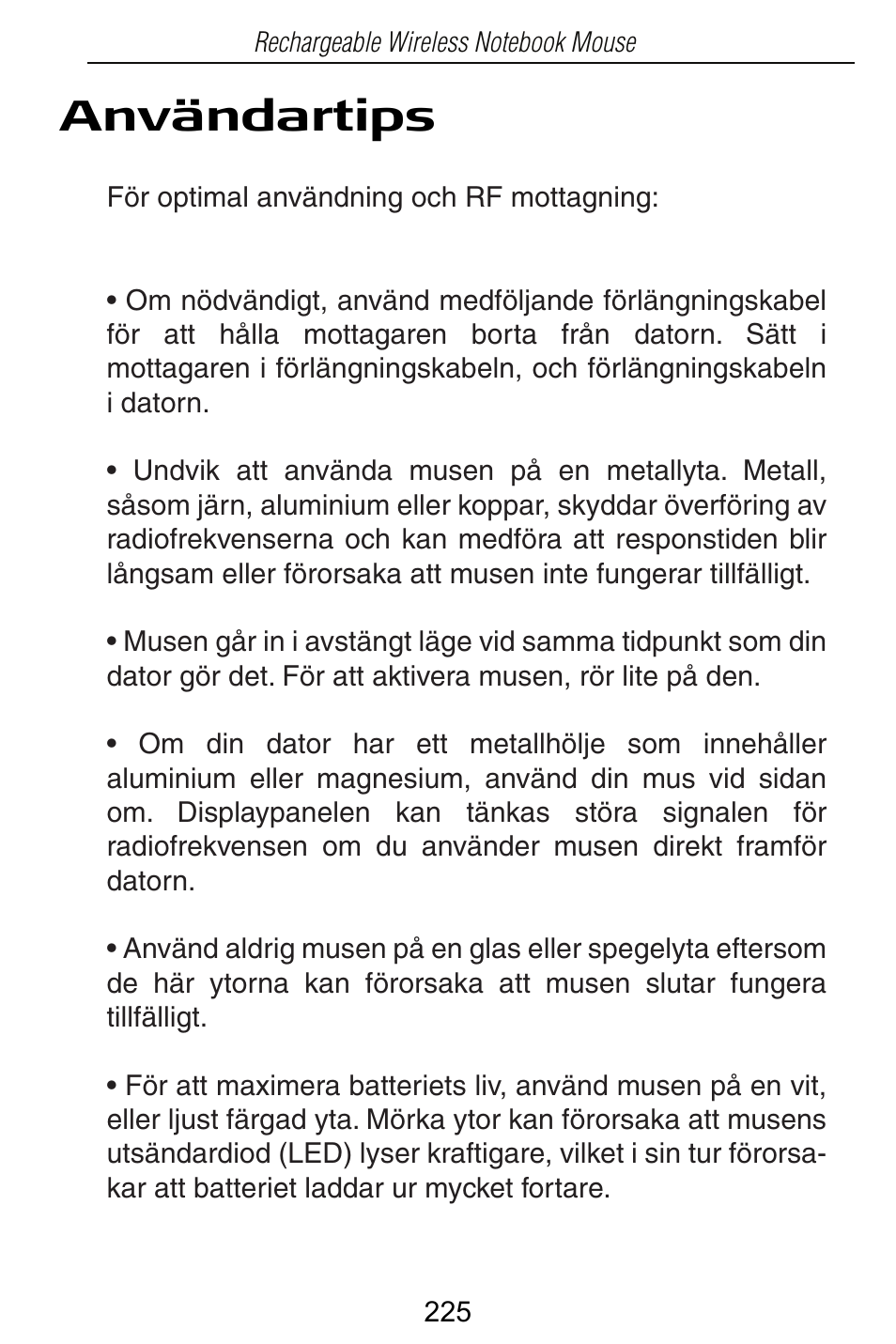 Användartips | Targus Rechargeable Wireless Notebook Mouse User Manual | Page 225 / 259
