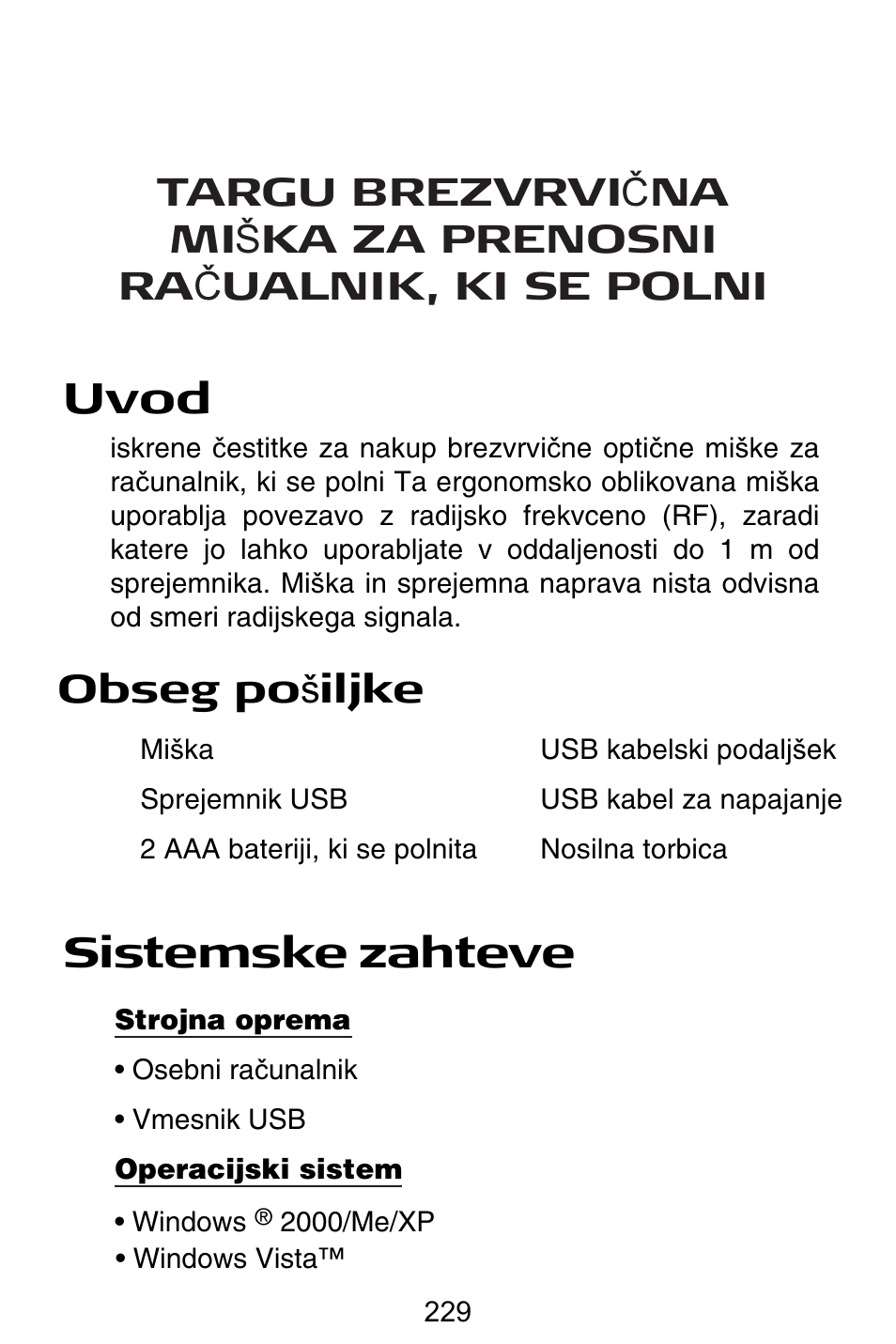 Si – slovensko, Uvod, Sistemske zahteve | Obseg po š iljke | Targus Rechargeable Wireless Notebook Mouse User Manual | Page 229 / 259