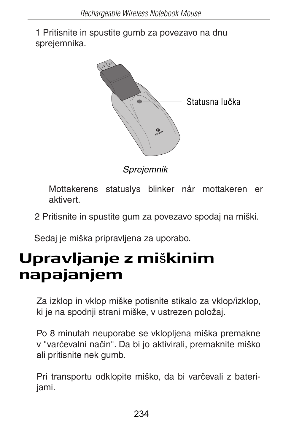 Upravljanje z mi š kinim napajanjem | Targus Rechargeable Wireless Notebook Mouse User Manual | Page 234 / 259