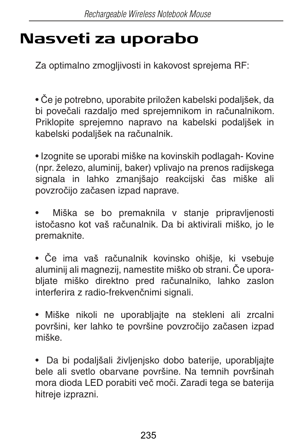 Nasveti za uporabo | Targus Rechargeable Wireless Notebook Mouse User Manual | Page 235 / 259
