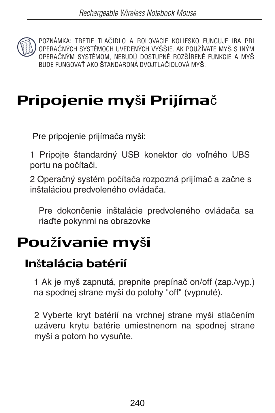 Pripojenie my š i prijíma þ, Pou å ívanie my š i | Targus Rechargeable Wireless Notebook Mouse User Manual | Page 240 / 259