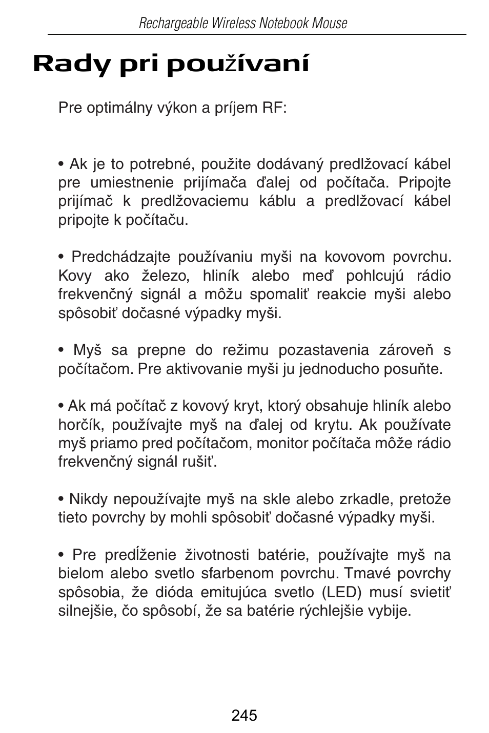 Rady pri pou å ívaní | Targus Rechargeable Wireless Notebook Mouse User Manual | Page 245 / 259