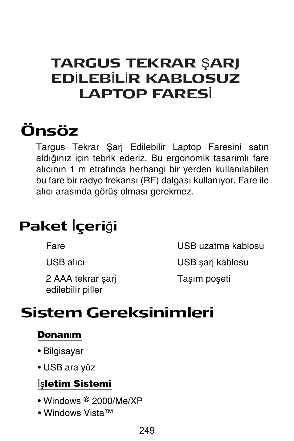 Tr – türkçe, Önsöz, Sistem gereksinimleri | Paket ø çeri ÷ i | Targus Rechargeable Wireless Notebook Mouse User Manual | Page 249 / 259