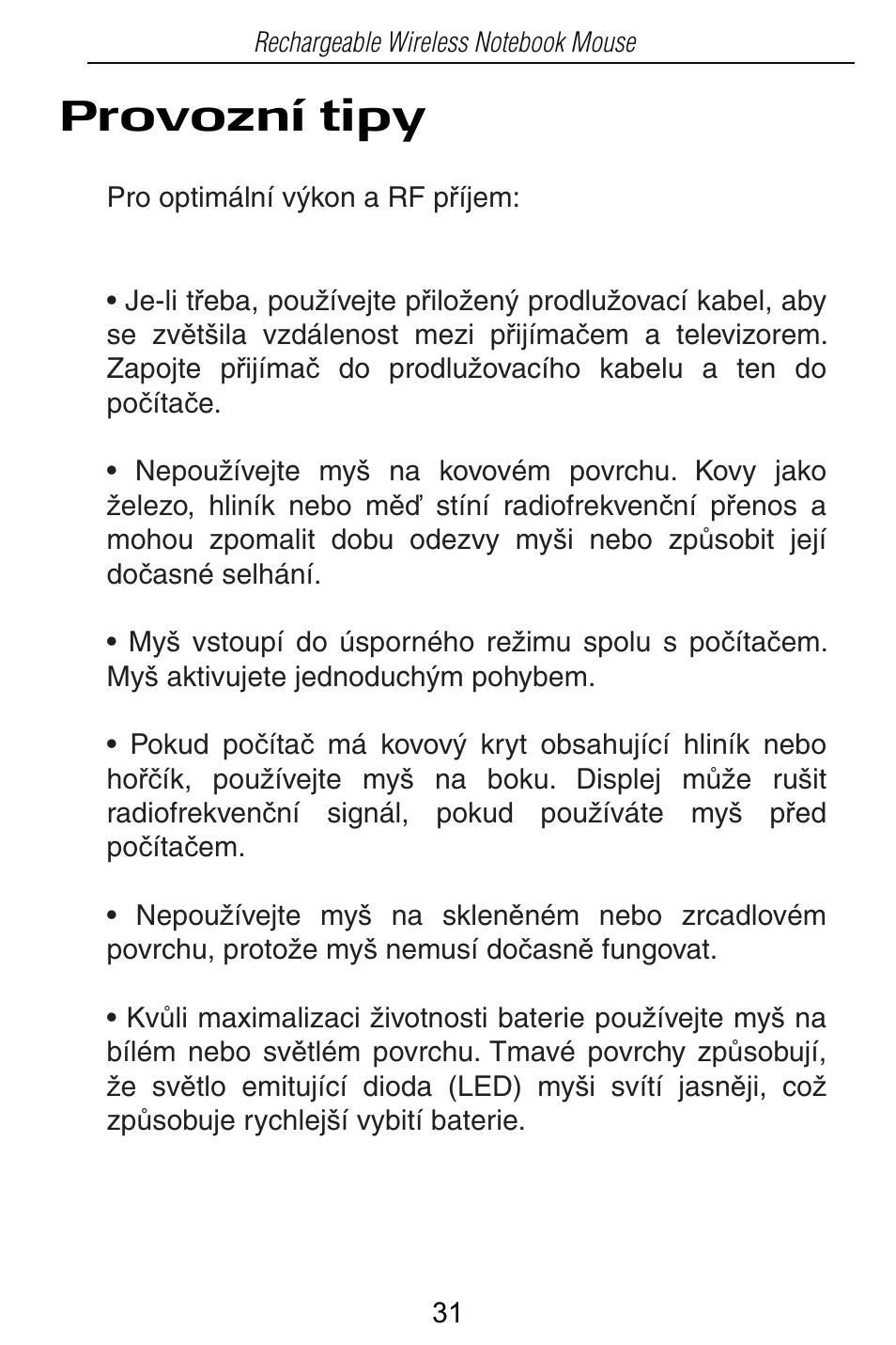 Provozní tipy | Targus Rechargeable Wireless Notebook Mouse User Manual | Page 31 / 259