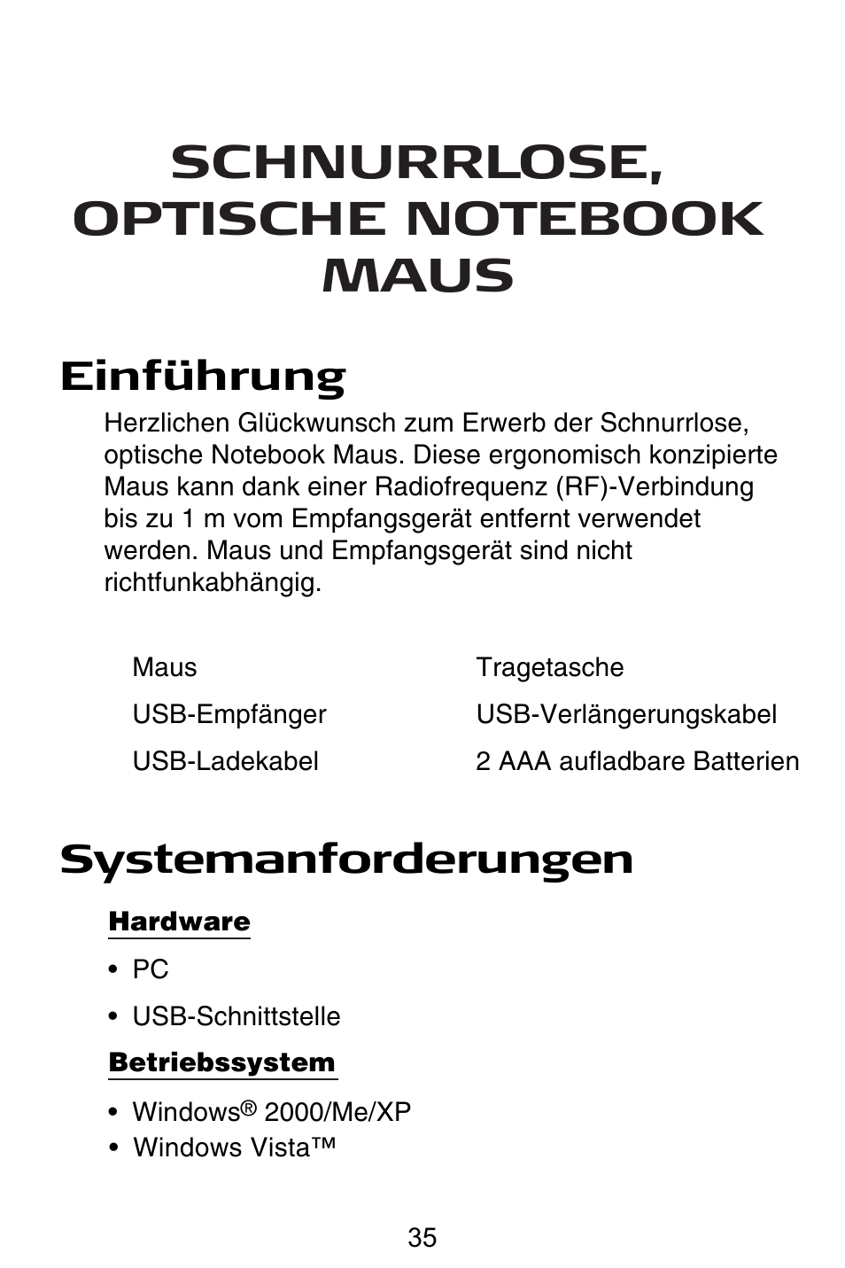 De – deutsch, Einführung systemanforderungen | Targus Rechargeable Wireless Notebook Mouse User Manual | Page 35 / 259
