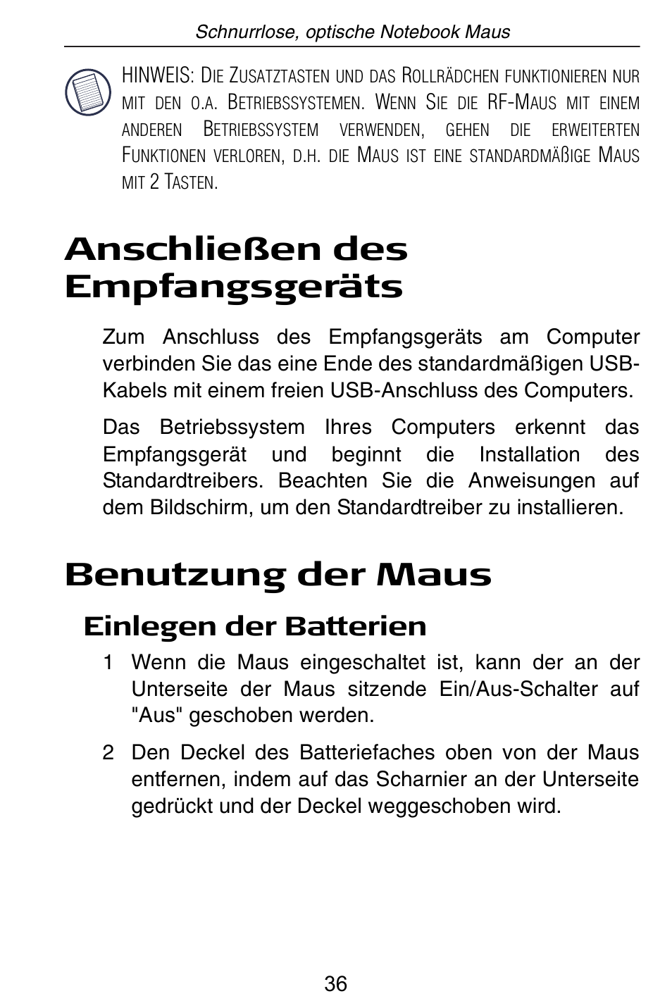 Anschließen des empfangsgeräts, Benutzung der maus, Einlegen der batterien | Targus Rechargeable Wireless Notebook Mouse User Manual | Page 36 / 259