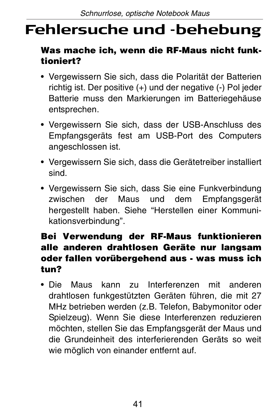 Fehlersuche und -behebung | Targus Rechargeable Wireless Notebook Mouse User Manual | Page 41 / 259