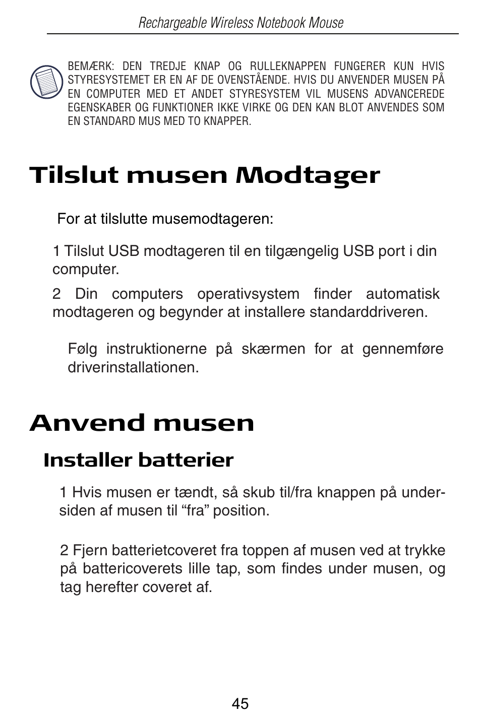 Tilslut musen modtager, Anvend musen | Targus Rechargeable Wireless Notebook Mouse User Manual | Page 45 / 259