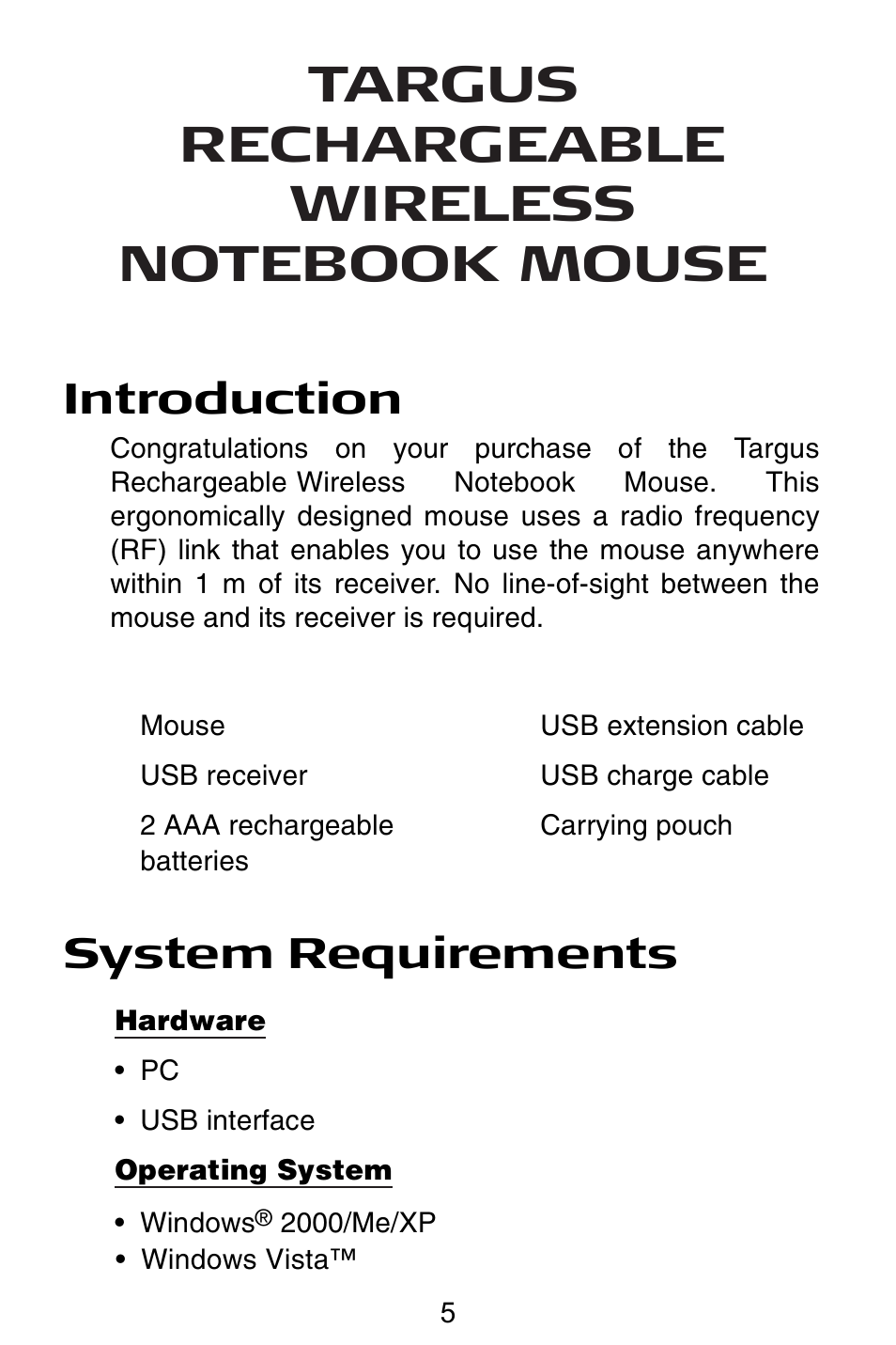 Gb – english, Introduction system requirements | Targus Rechargeable Wireless Notebook Mouse User Manual | Page 5 / 259
