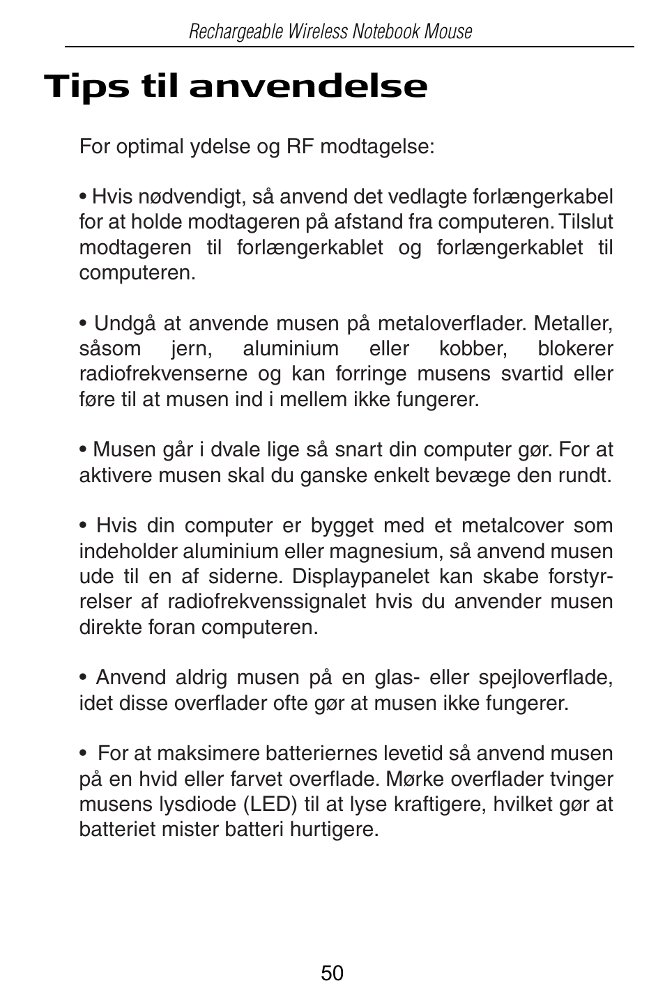 Tips til anvendelse | Targus Rechargeable Wireless Notebook Mouse User Manual | Page 50 / 259