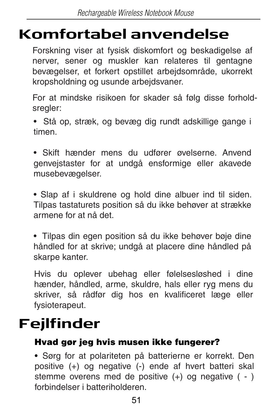 Komfortabel anvendelse fejlfinder | Targus Rechargeable Wireless Notebook Mouse User Manual | Page 51 / 259