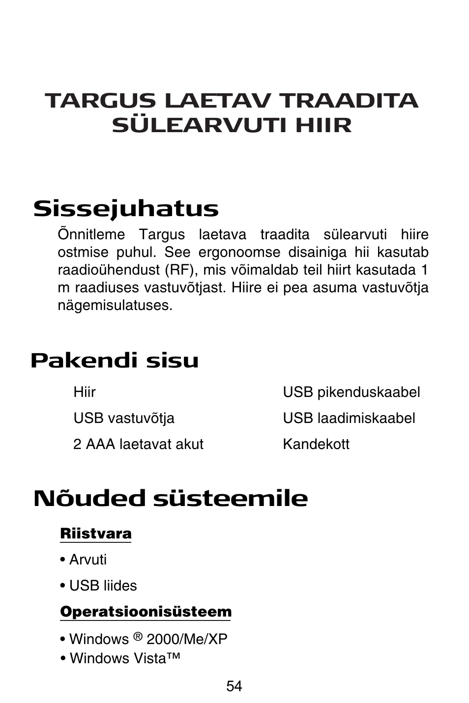 Ee – eesti, Sissejuhatus, Nõuded süsteemile | Pakendi sisu, Targus laetav traadita sülearvuti hiir | Targus Rechargeable Wireless Notebook Mouse User Manual | Page 54 / 259