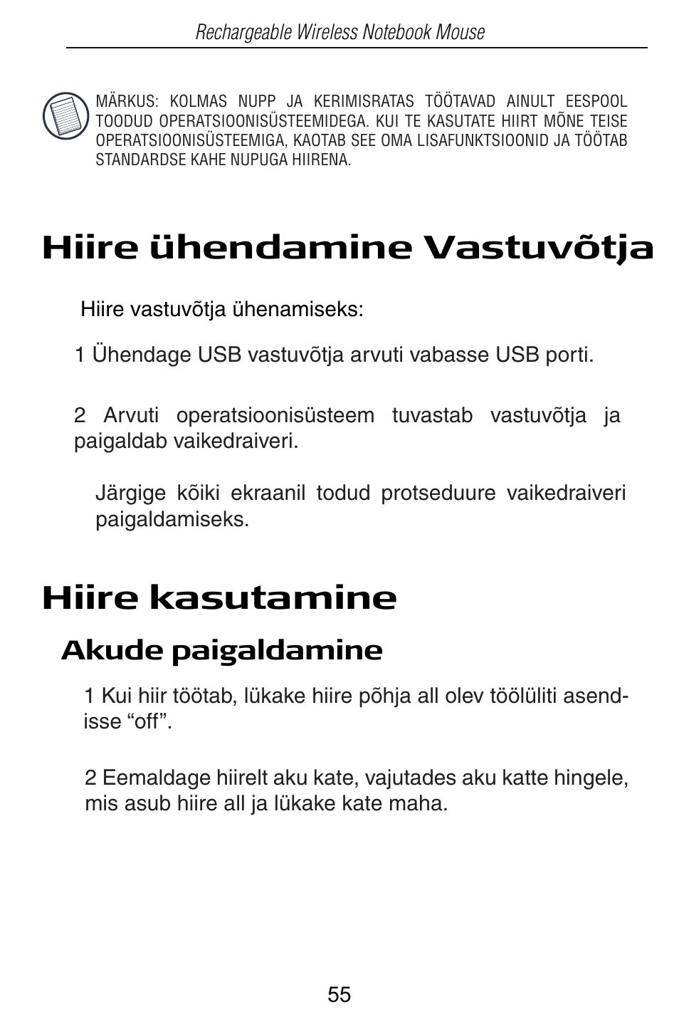 Hiire ühendamine vastuvõtja, Hiire kasutamine | Targus Rechargeable Wireless Notebook Mouse User Manual | Page 55 / 259