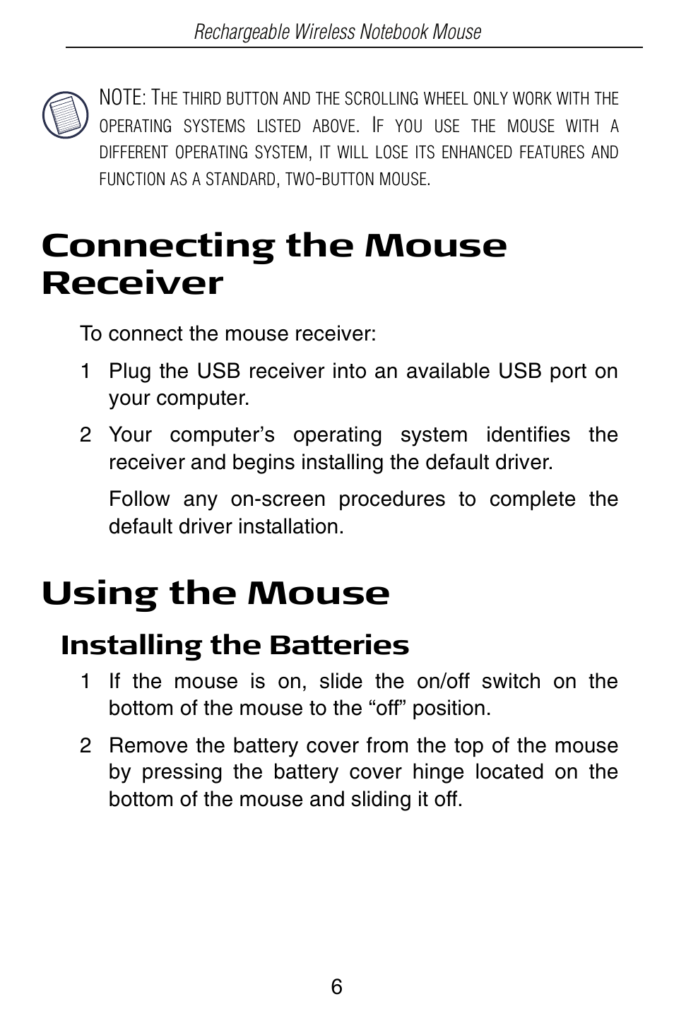 Connecting the mouse receiver, Using the mouse, Installing the batteries | Targus Rechargeable Wireless Notebook Mouse User Manual | Page 6 / 259