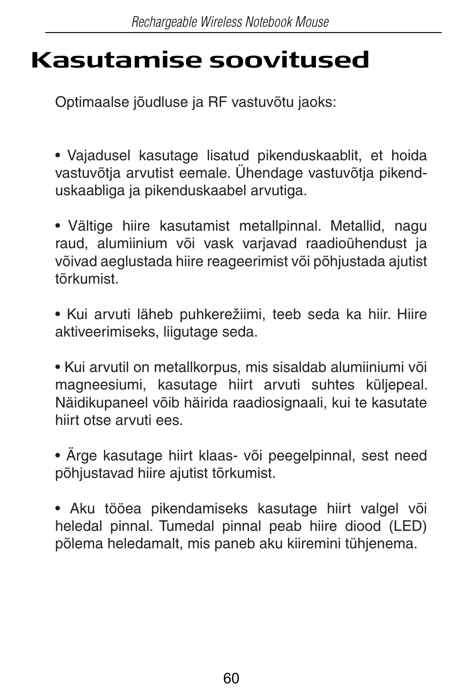 Kasutamise soovitused | Targus Rechargeable Wireless Notebook Mouse User Manual | Page 60 / 259