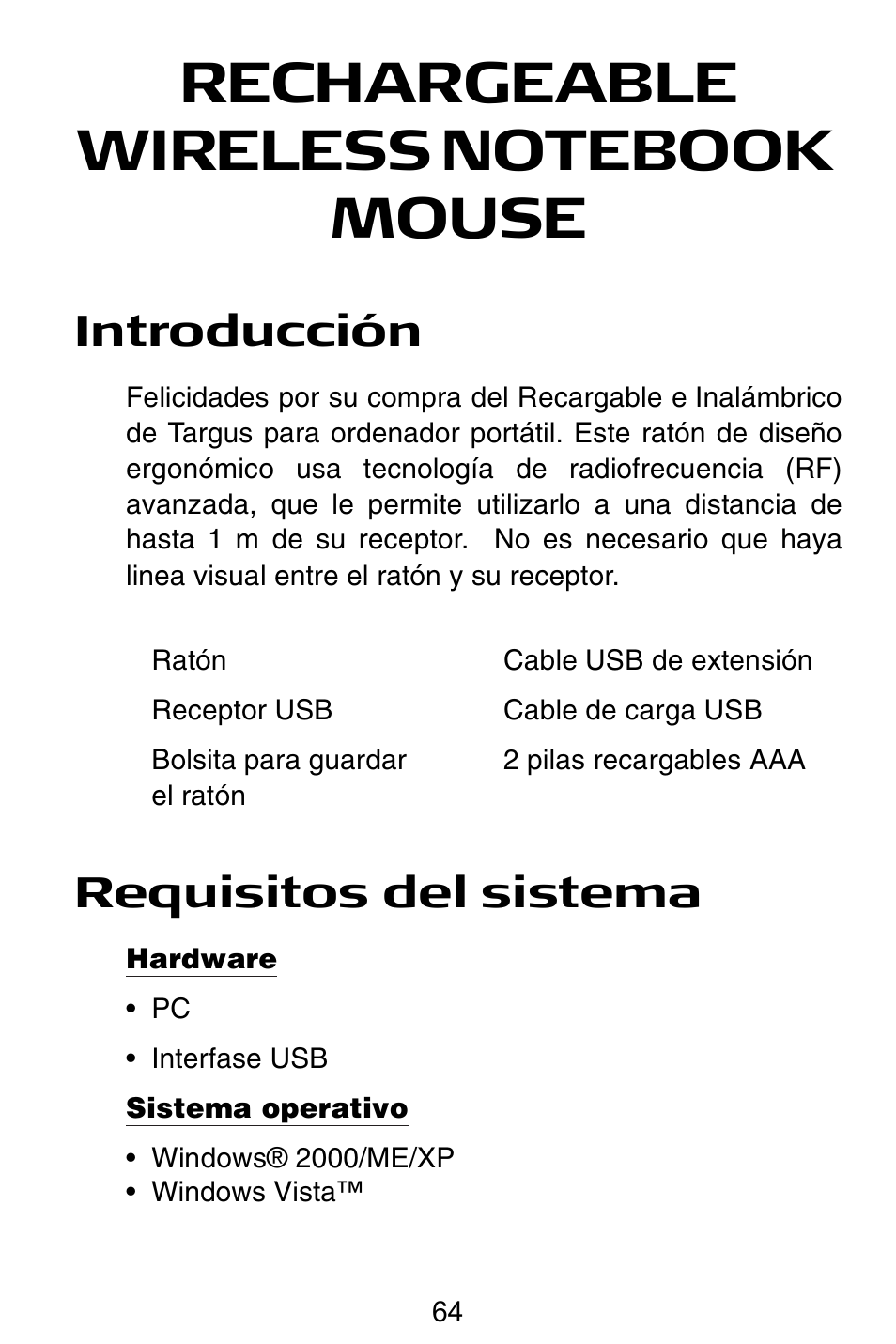 Es – español, Introducción, Requisitos del sistema | Targus Rechargeable Wireless Notebook Mouse User Manual | Page 64 / 259