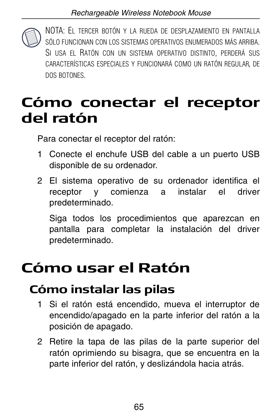 Cómo conectar el receptor del ratón, Cómo usar el ratón, Cómo instalar las pilas | Targus Rechargeable Wireless Notebook Mouse User Manual | Page 65 / 259