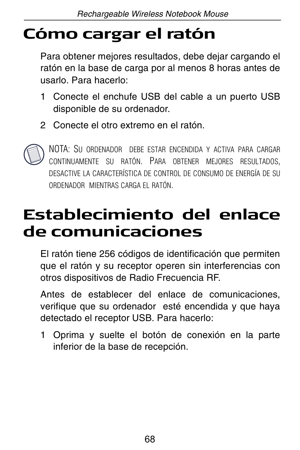 Cómo cargar el ratón, Establecimiento del enlace de comunicaciones | Targus Rechargeable Wireless Notebook Mouse User Manual | Page 68 / 259