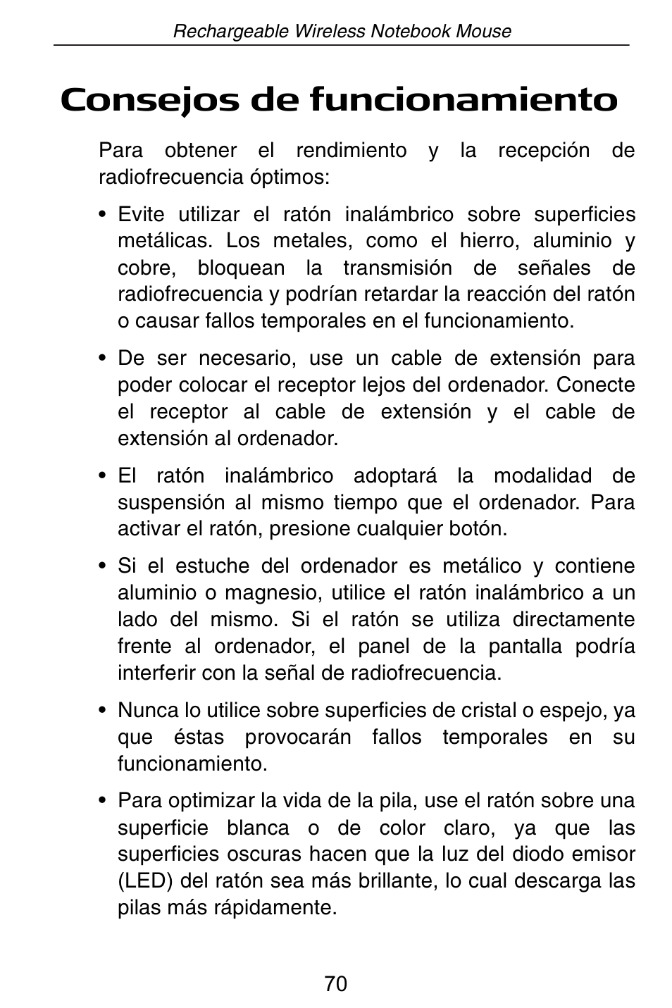 Consejos de funcionamiento | Targus Rechargeable Wireless Notebook Mouse User Manual | Page 70 / 259