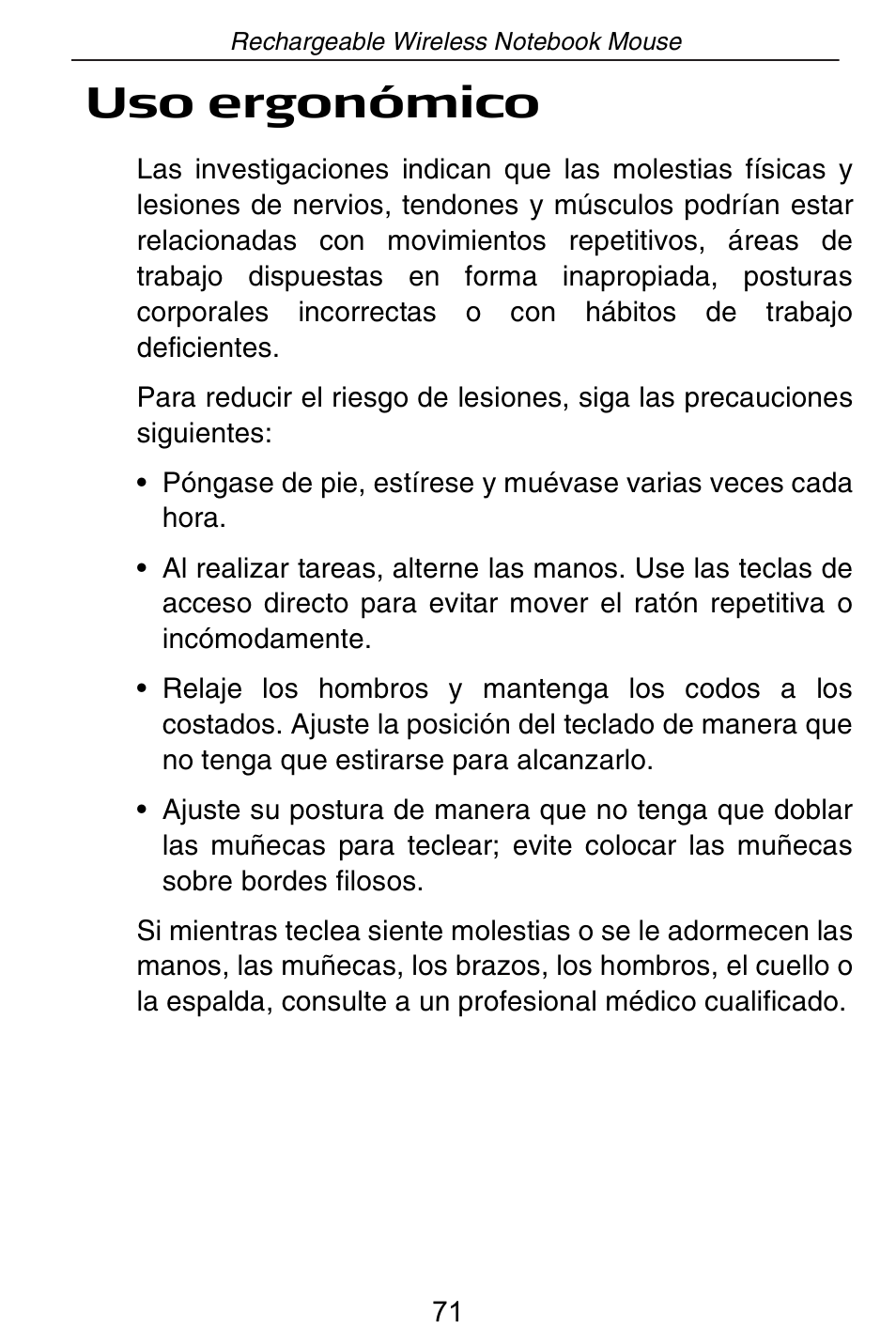 Uso ergonómico | Targus Rechargeable Wireless Notebook Mouse User Manual | Page 71 / 259