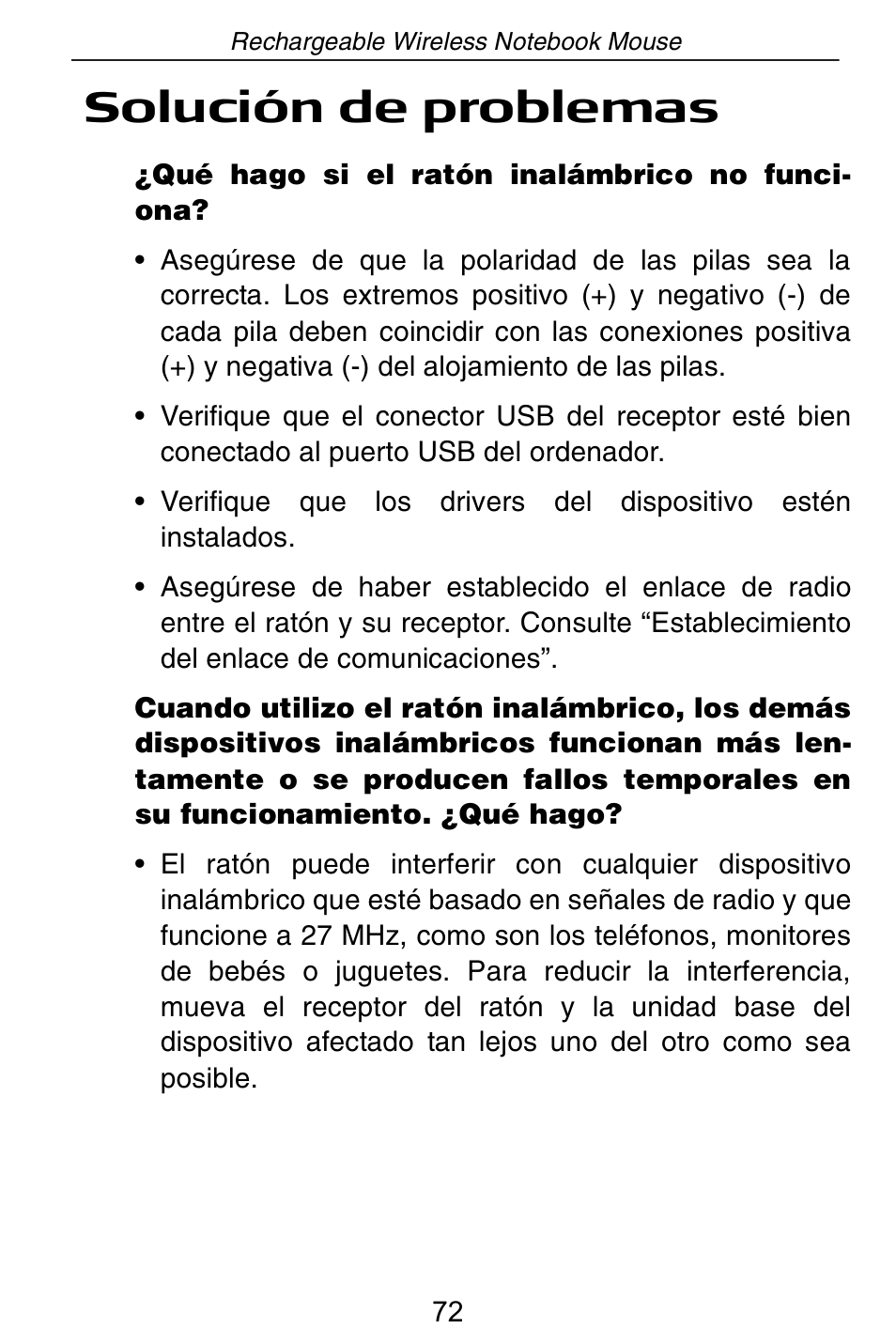 Solución de problemas | Targus Rechargeable Wireless Notebook Mouse User Manual | Page 72 / 259