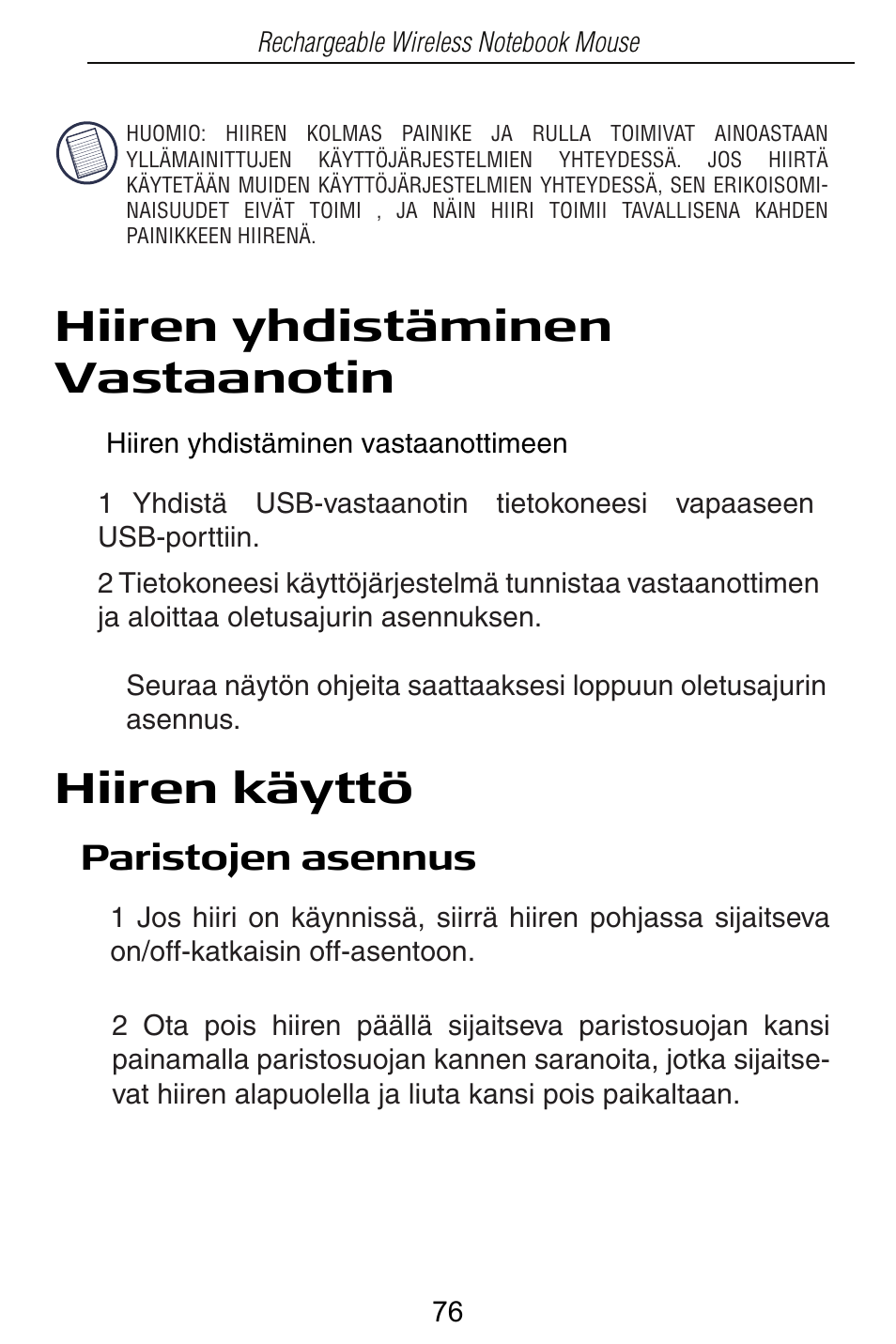 Hiiren yhdistäminen vastaanotin, Hiiren käyttö | Targus Rechargeable Wireless Notebook Mouse User Manual | Page 76 / 259