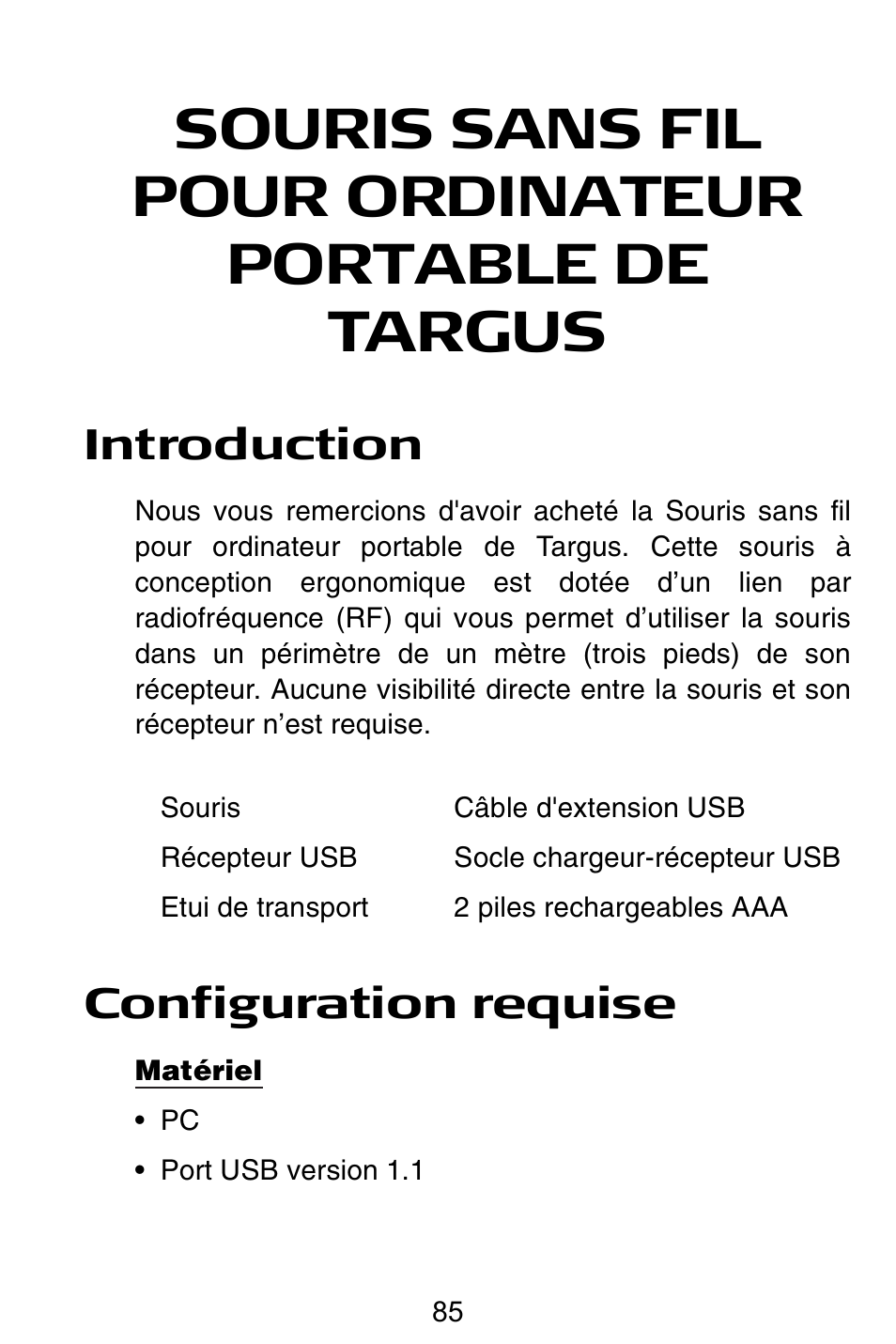 Fr – français, Souris sans fil pour ordinateur portable de targus, Introduction | Configuration requise | Targus Rechargeable Wireless Notebook Mouse User Manual | Page 85 / 259