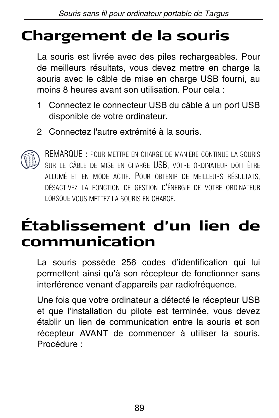 Chargement de la souris, Établissement d’un lien de communication | Targus Rechargeable Wireless Notebook Mouse User Manual | Page 89 / 259