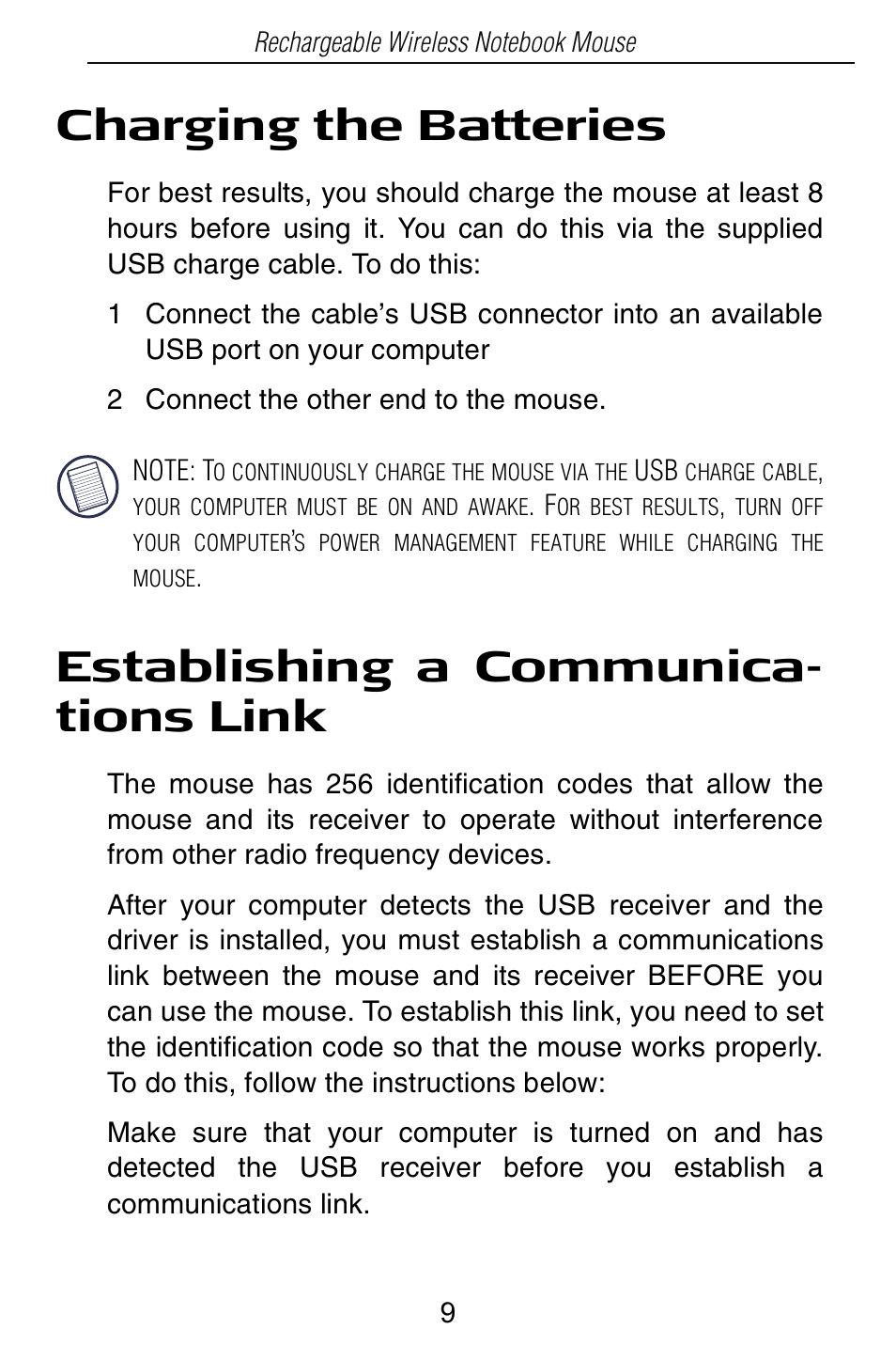 Charging the batteries, Establishing a communica- tions link | Targus Rechargeable Wireless Notebook Mouse User Manual | Page 9 / 259