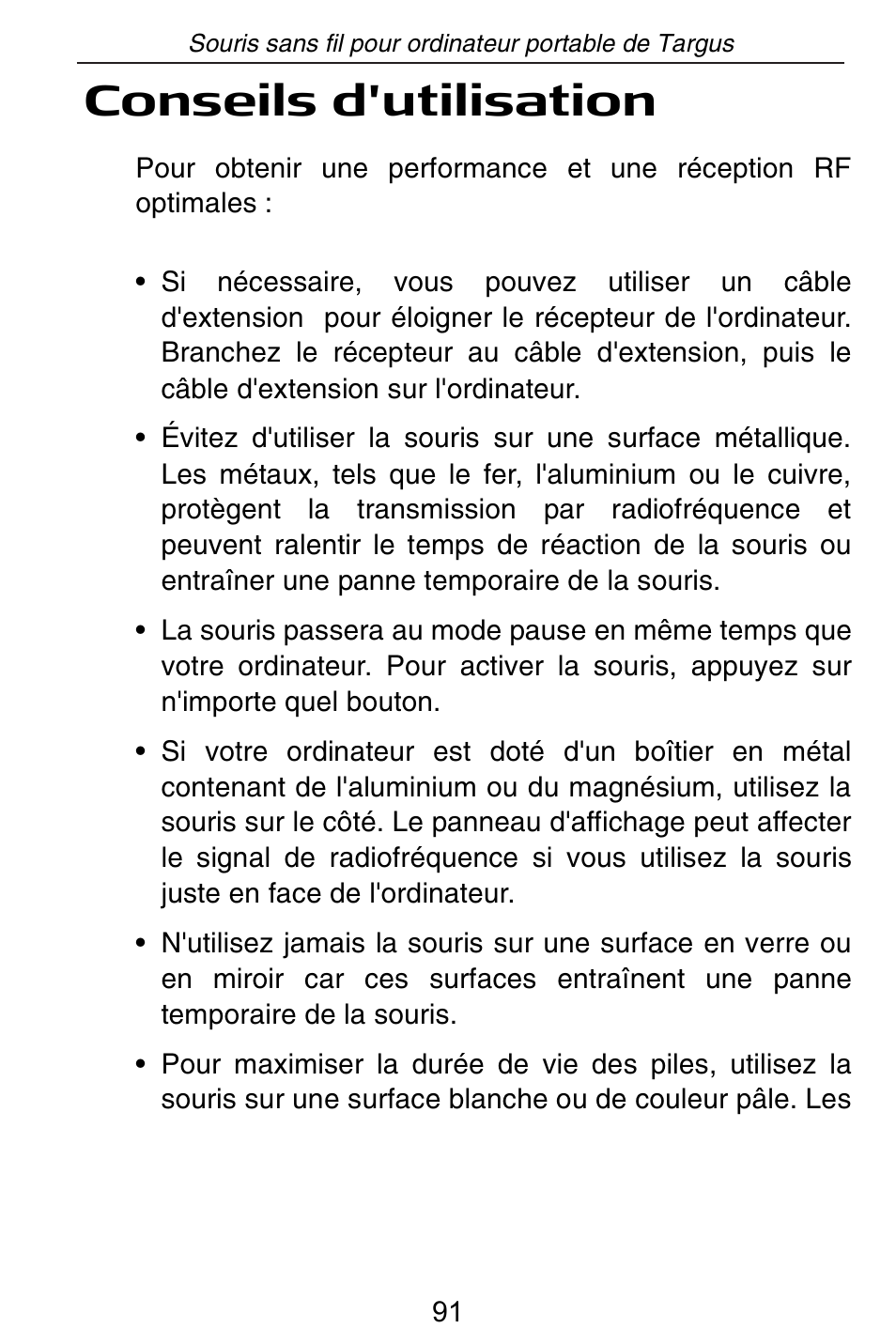 Conseils d'utilisation | Targus Rechargeable Wireless Notebook Mouse User Manual | Page 91 / 259