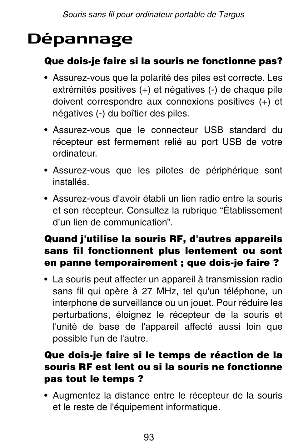 Dépannage | Targus Rechargeable Wireless Notebook Mouse User Manual | Page 93 / 259