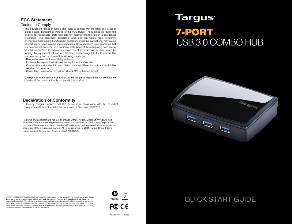 Targus 7-PORT USB 3.0 COMBO HUB N2953 User Manual | 2 pages