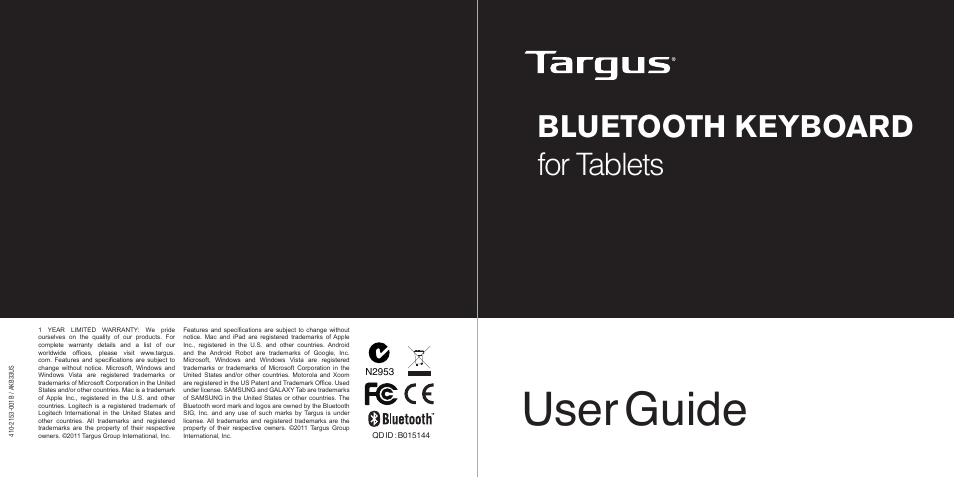 User guide, Bluetooth keyboard for tablets | Targus N2953 User Manual | Page 2 / 7