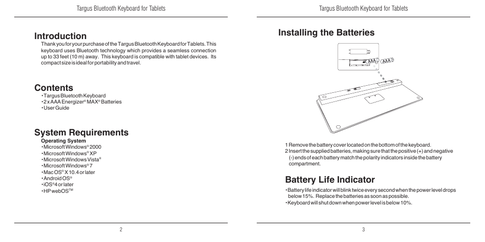 Targus bluetooth keyboard for tablets | Targus N2953 User Manual | Page 3 / 7