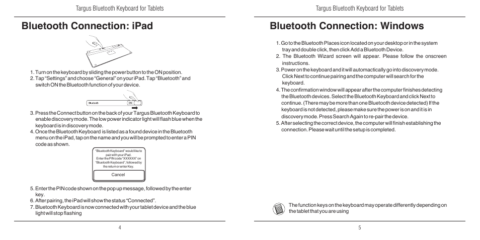 Bluetooth connection: ipad, Bluetooth connection: windows, Targus bluetooth keyboard for tablets | Targus N2953 User Manual | Page 4 / 7