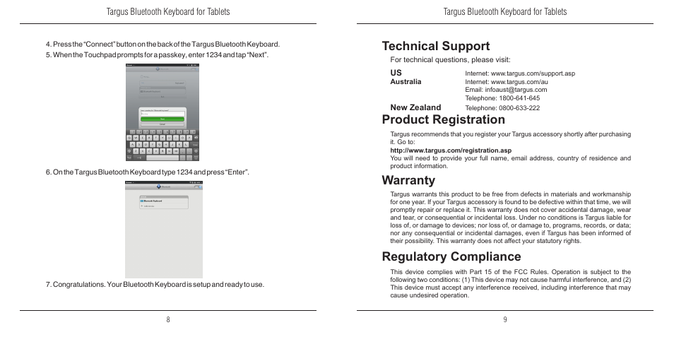 Regulatory compliance, Technical support, Product registration | Warranty, Targus bluetooth keyboard for tablets | Targus N2953 User Manual | Page 6 / 7