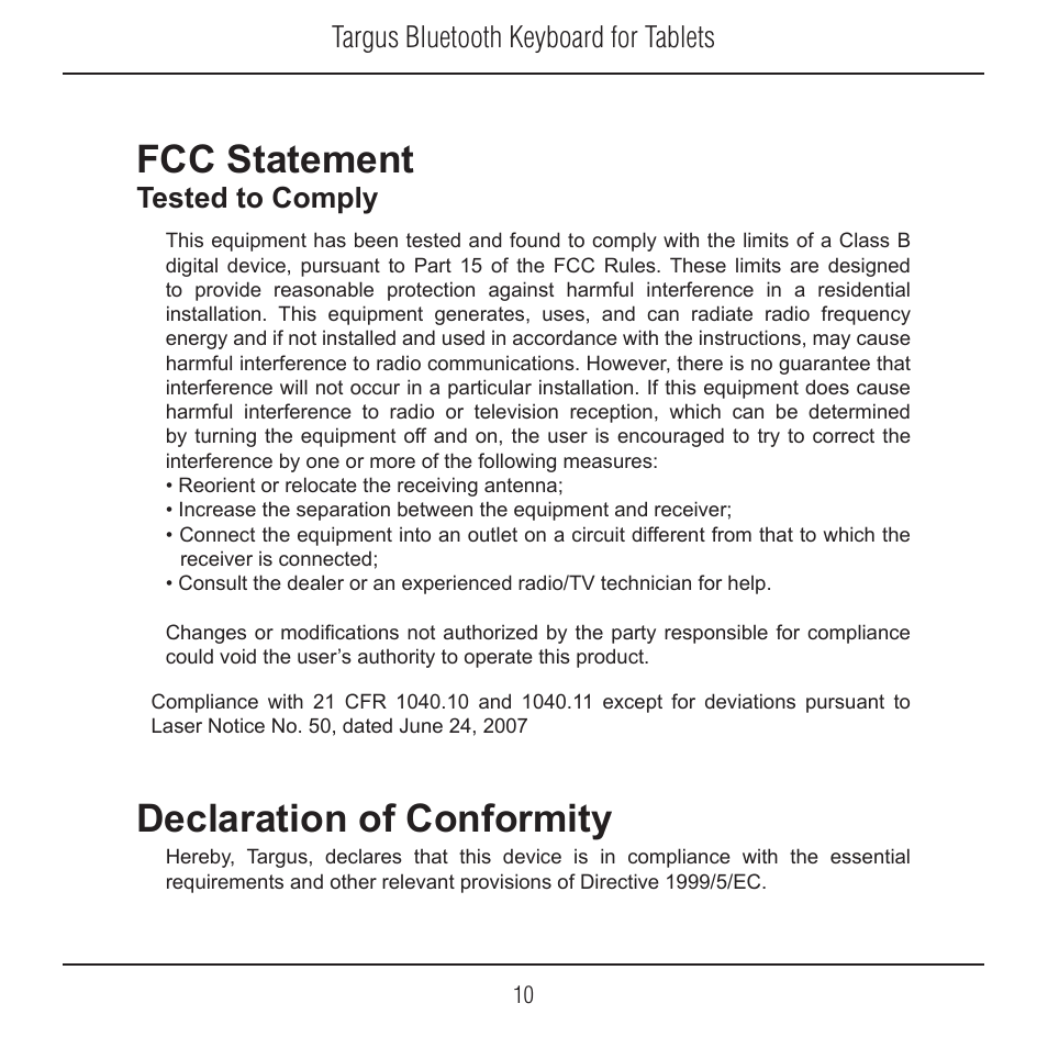 Fcc statement, Declaration of conformity, Targus bluetooth keyboard for tablets | Tested to comply | Targus N2953 User Manual | Page 7 / 7