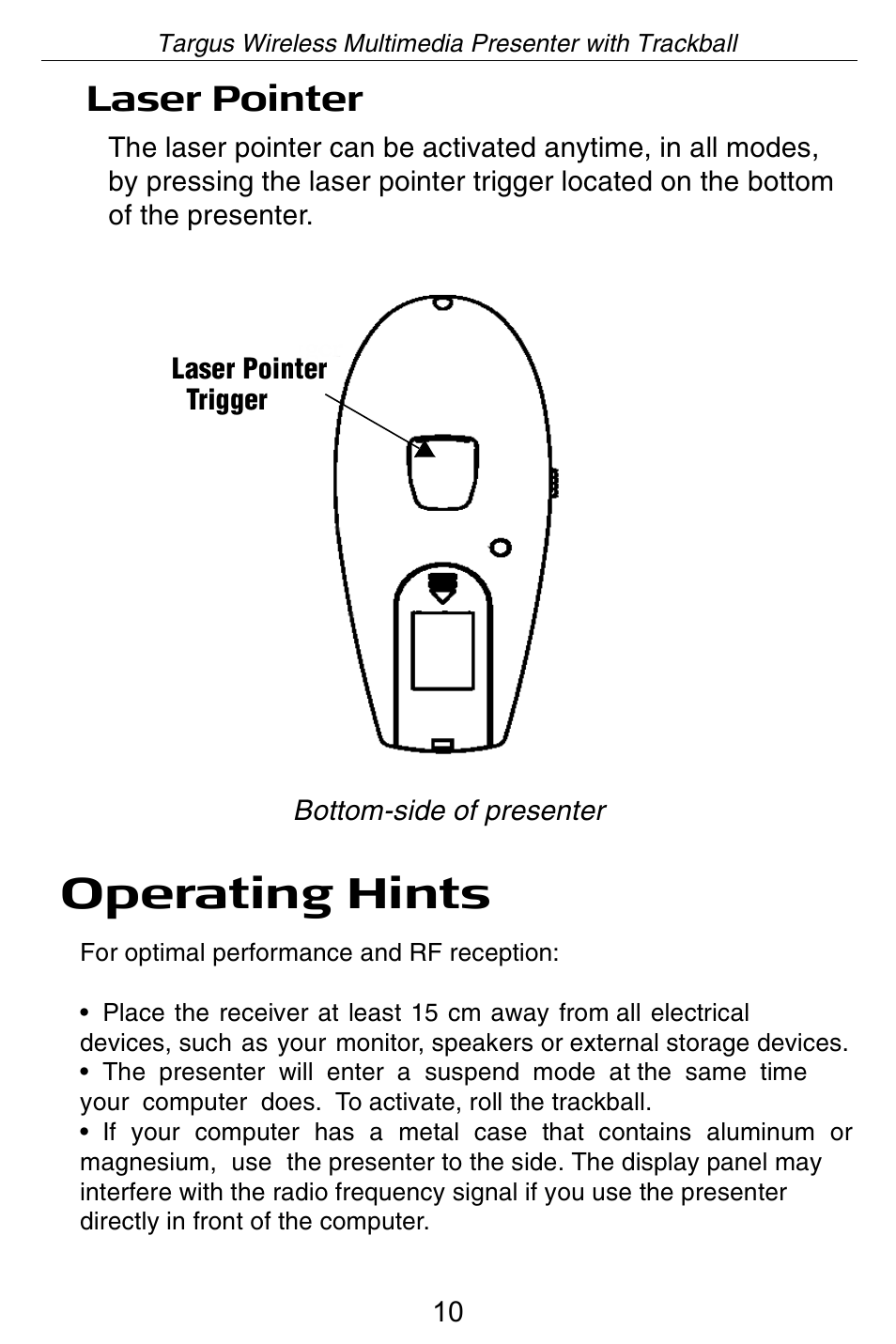 Operating hints, Laser pointer | Targus Wireless Multimedia Presenter with Trackball User Manual | Page 10 / 16