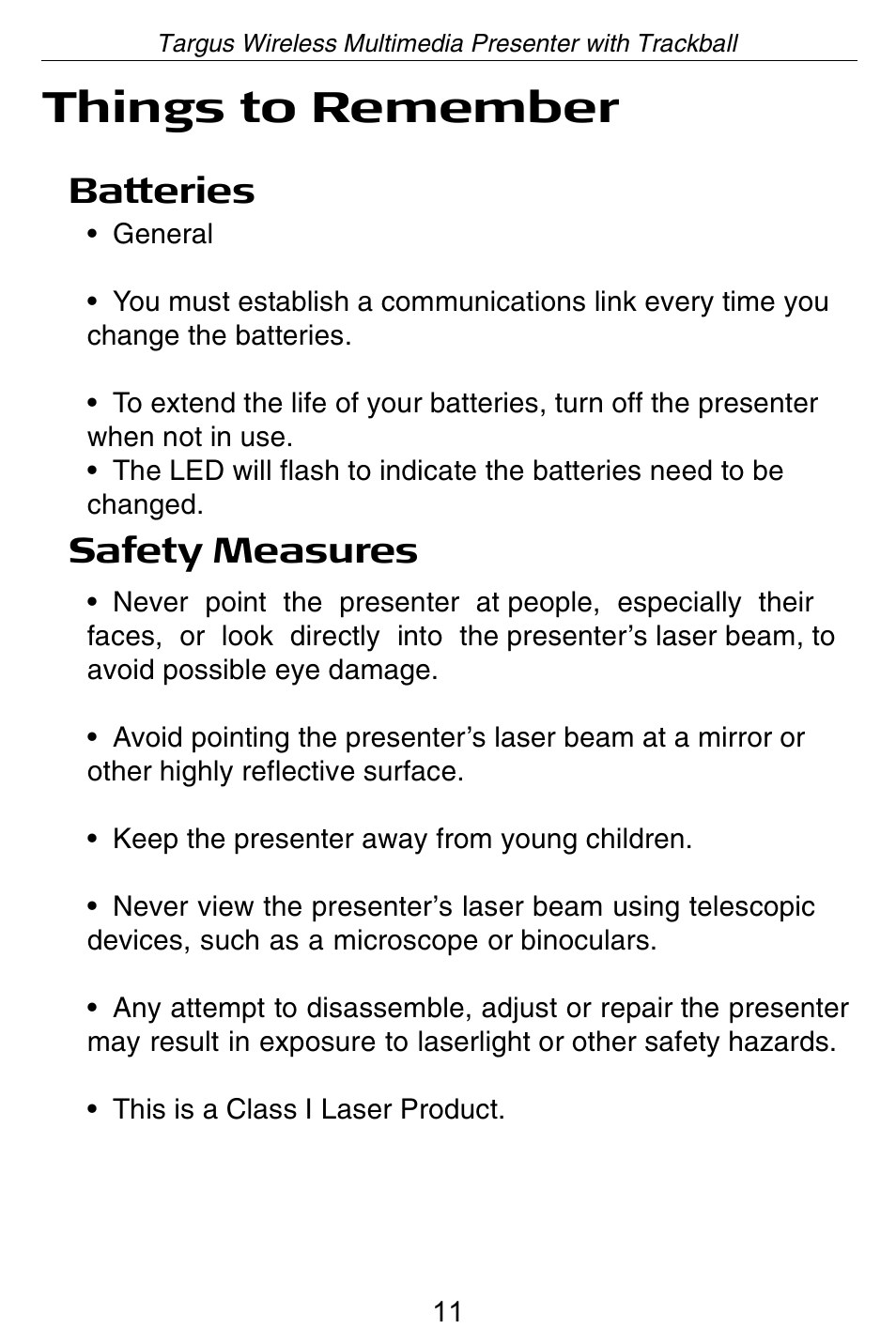 Things to remember, Batteries safety measures | Targus Wireless Multimedia Presenter with Trackball User Manual | Page 11 / 16