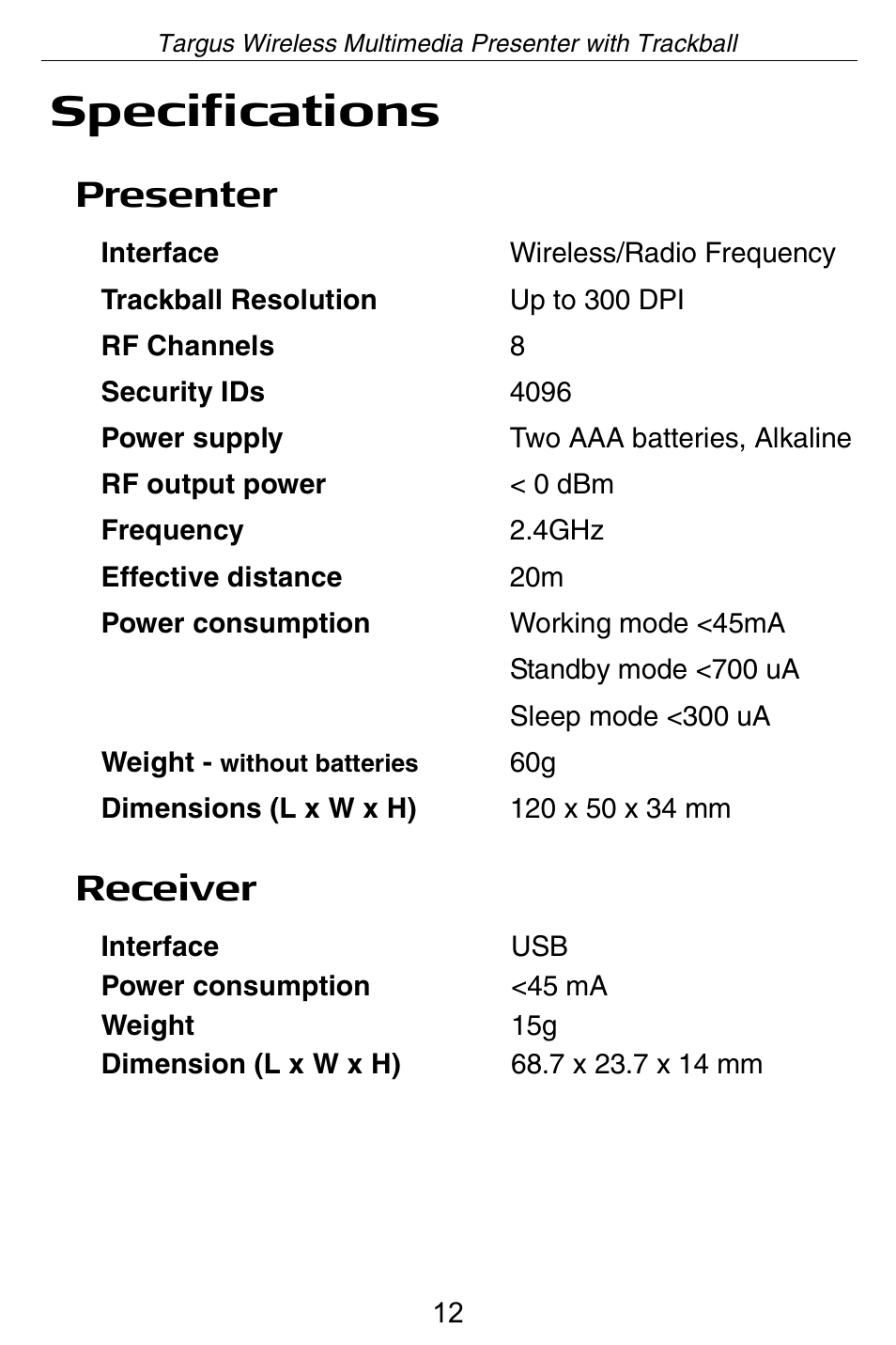 Specifications, Presenter receiver | Targus Wireless Multimedia Presenter with Trackball User Manual | Page 12 / 16