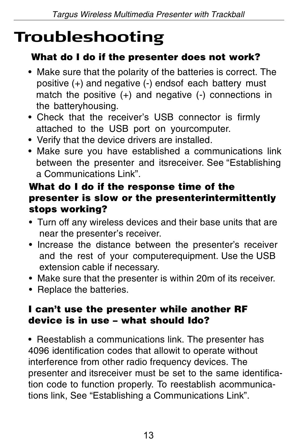 Troubleshooting | Targus Wireless Multimedia Presenter with Trackball User Manual | Page 13 / 16