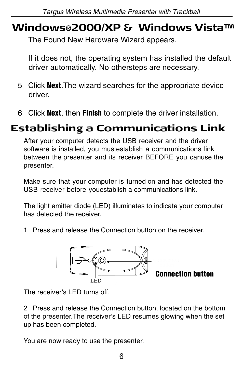 Windows, 2000/xp & windows vista, Establishing a communications link | Targus Wireless Multimedia Presenter with Trackball User Manual | Page 6 / 16