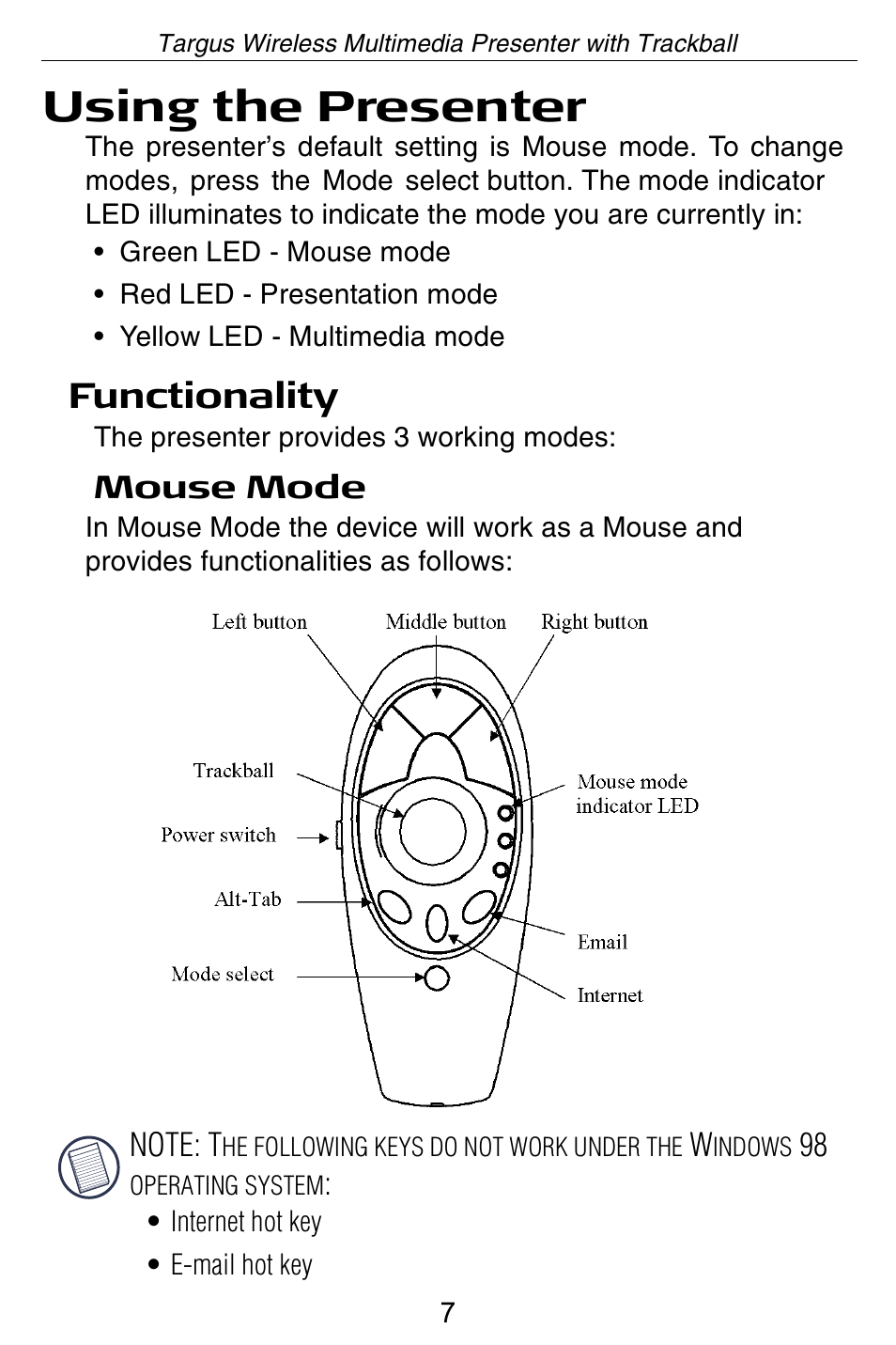 Using the presenter, Functionality | Targus Wireless Multimedia Presenter with Trackball User Manual | Page 7 / 16