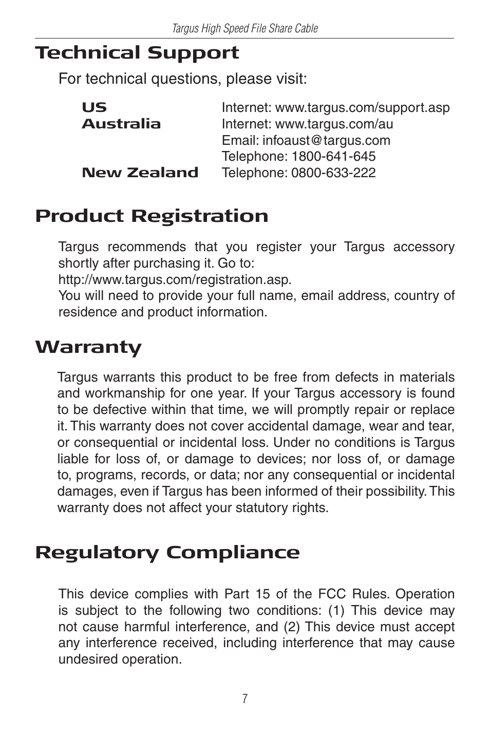 Technical support, Product registration, Warranty | Regulatory compliance | Targus ACC96US User Manual | Page 7 / 8