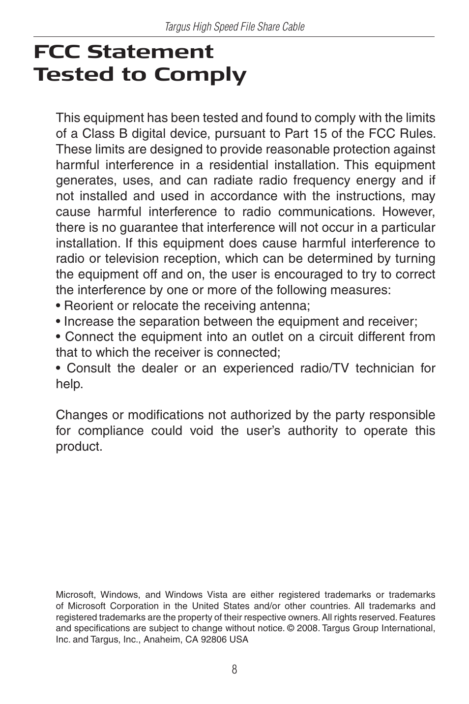 Fcc statement tested to comply | Targus ACC96US User Manual | Page 8 / 8