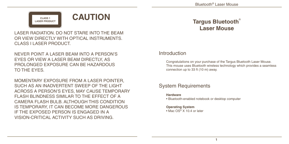 Caution, Targus bluetooth, Laser mouse | Introduction, System requirements | Targus AMB08US User Manual | Page 2 / 9