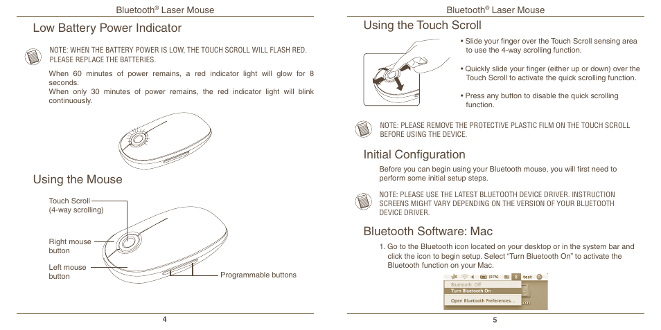 Low battery power indicator, Initial configuration, Using the mouse bluetooth software: mac | Using the touch scroll | Targus AMB08US User Manual | Page 4 / 9