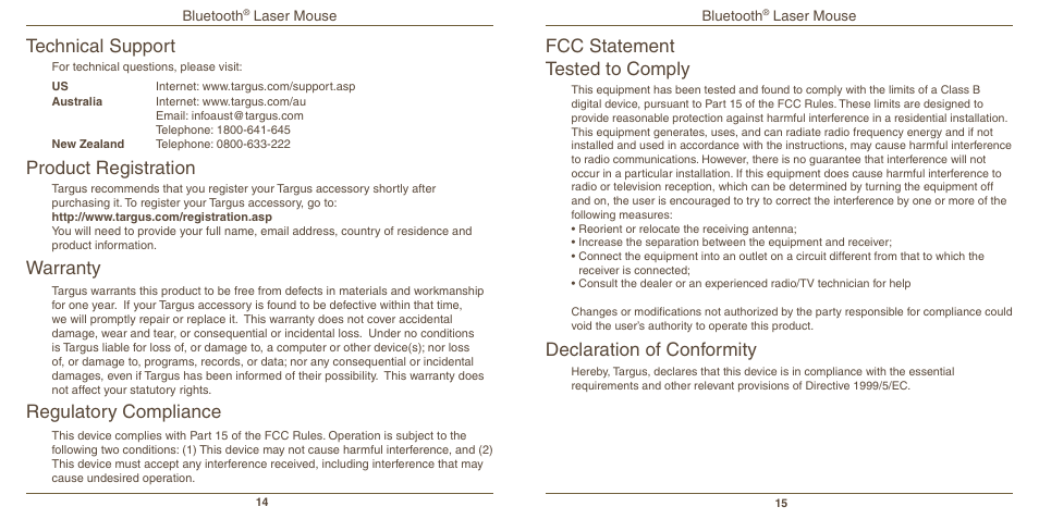 Fcc statement tested to comply, Declaration of conformity, Technical support | Product registration, Warranty, Regulatory compliance | Targus AMB08US User Manual | Page 9 / 9