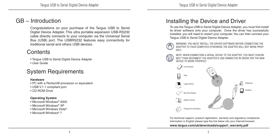 Targus USB to Serial Digital Device Adapter User Manual | Page 3 / 9